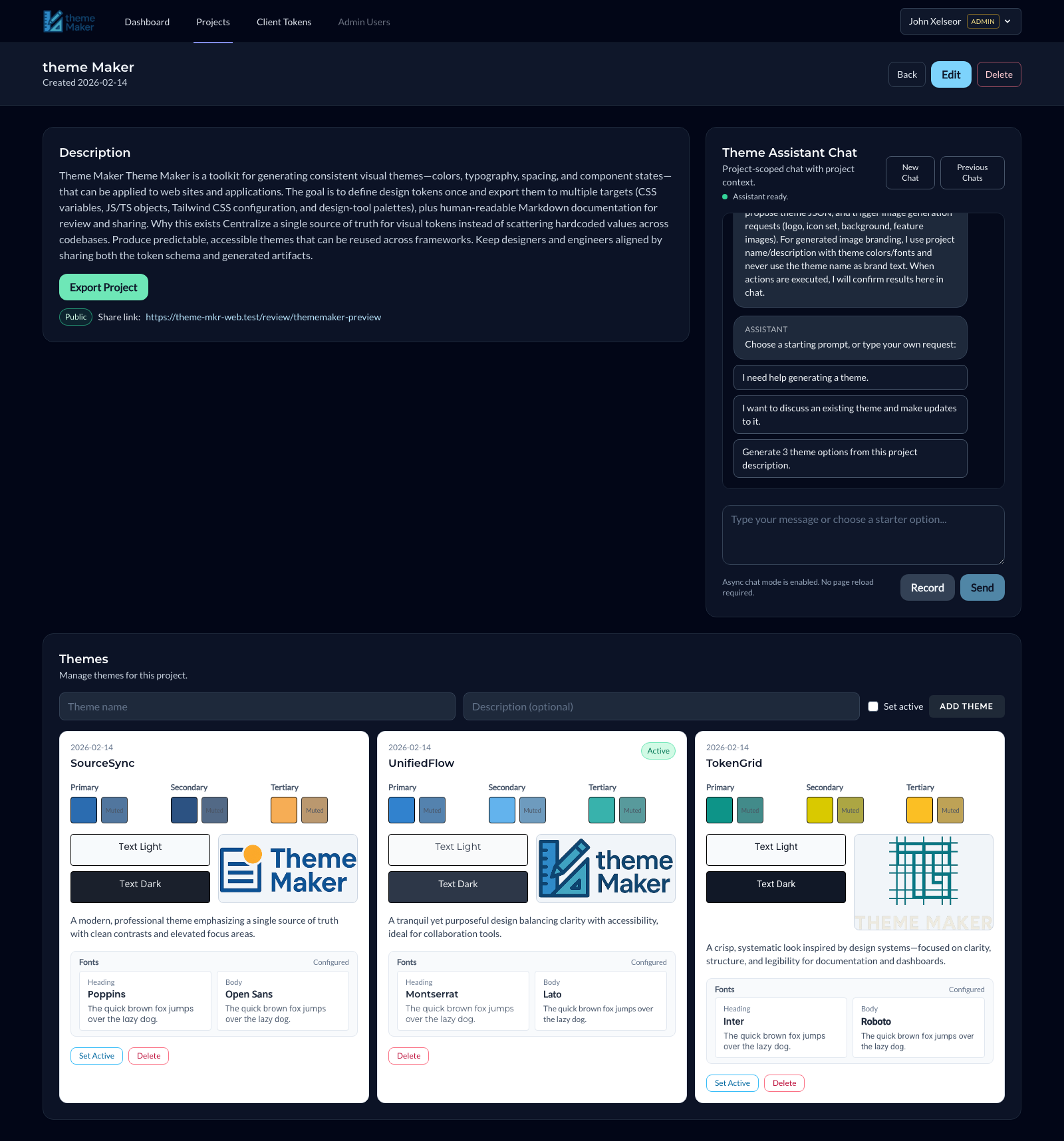 Theme Maker project workspace showing project context, assistant, and theme cards.